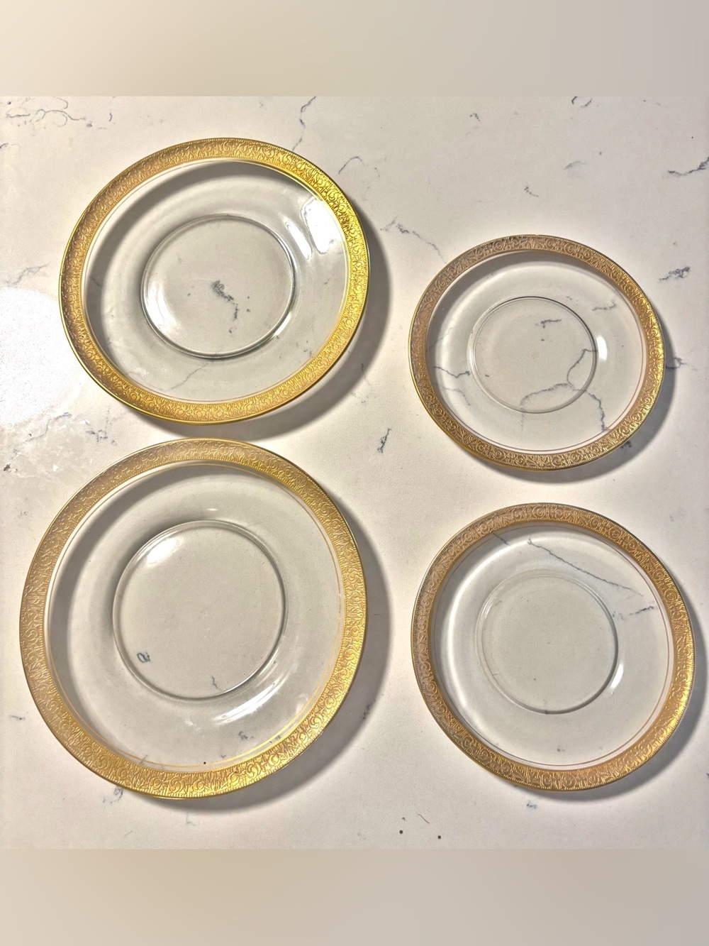 Antique Vintage Gold Rim Clear Dinner Plates x 2, Dessert Plates x 2